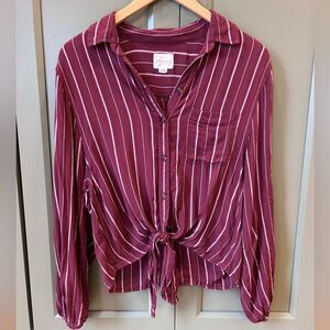 American Eagle Maroon Striped Tie Front Button Shirt